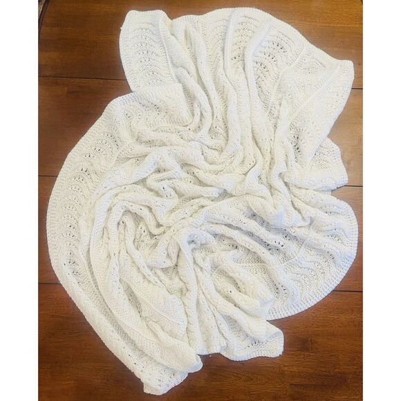 Afghan Knitted Throw Blanket 48X60" Old Shale Pattern Bohemian Retro White Boho - Picture 7 of 7